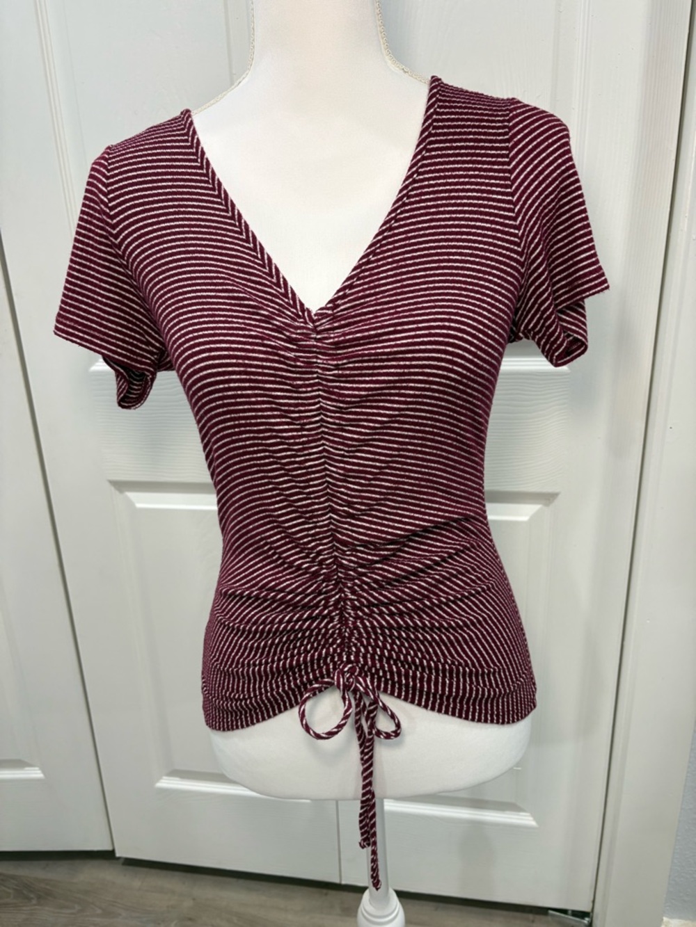 Striped Burgundy V-Neck Ruched Crop Top